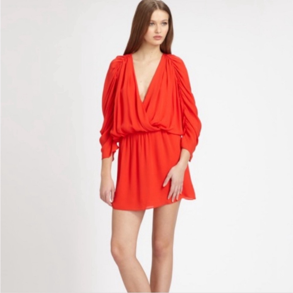 PARKER 100% Flowy Silk Red Ruched Blouson Dress - Size MEDIUM
